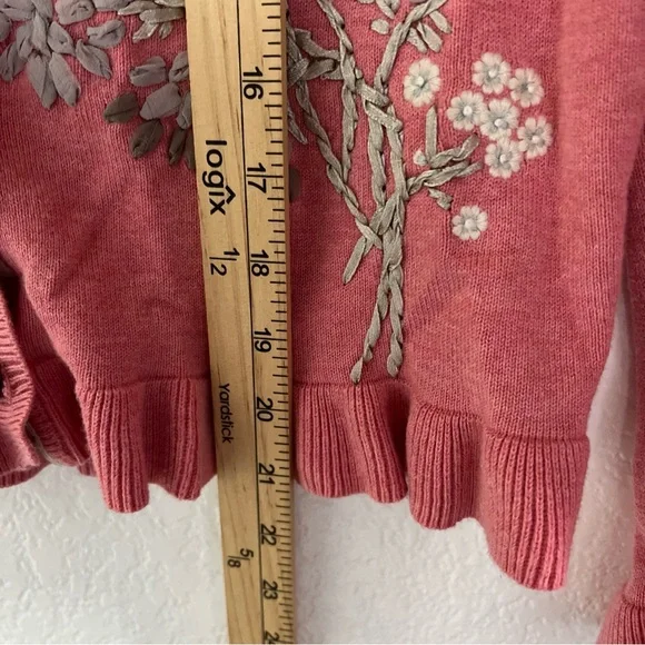 Sundance Women's Pink Ruffle Cardigan Sweater Embroidered Ribbon Flowers Small - Picture 4 of 6